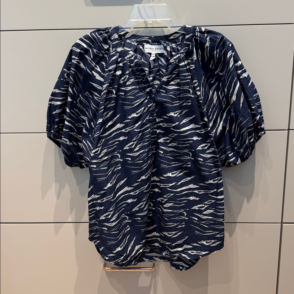 Apiece Apart Navy and White Cotton Puff-Sleeve Blouse size Small